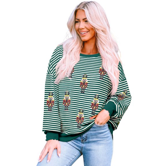 Women's Green Stripe Nutcracker Doll Patched Drop Shoulder Long Sleeve Top | [ZhiHiMeRi] | (US 4-6)S