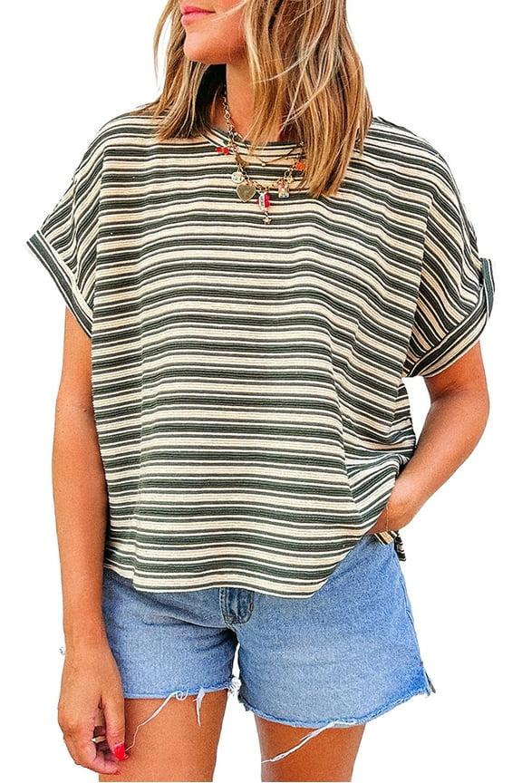 Women's Green Stripe Textured Crew Neck T-Shirt with Side Slits - [ZhiHiMeRi] | (US 12-14)L