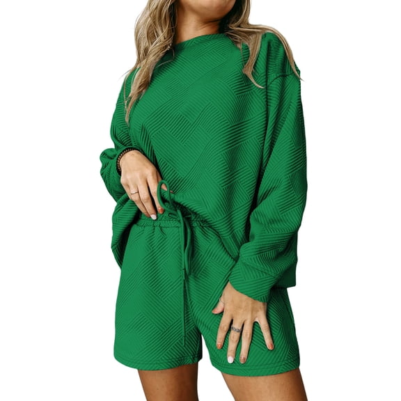 Women's Green Textured Long Sleeve Top and Drawstring Shorts Set - [ZhiHiMeRi] | (US 16-18)XL,Green