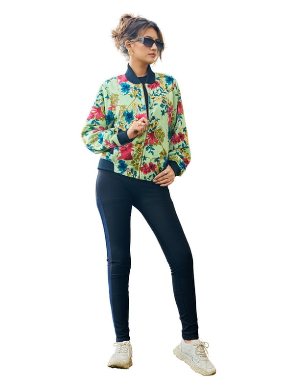Women's Green Velvet Floral Bomber Jacket Luxurious and Stylish Outerwear for Every Season