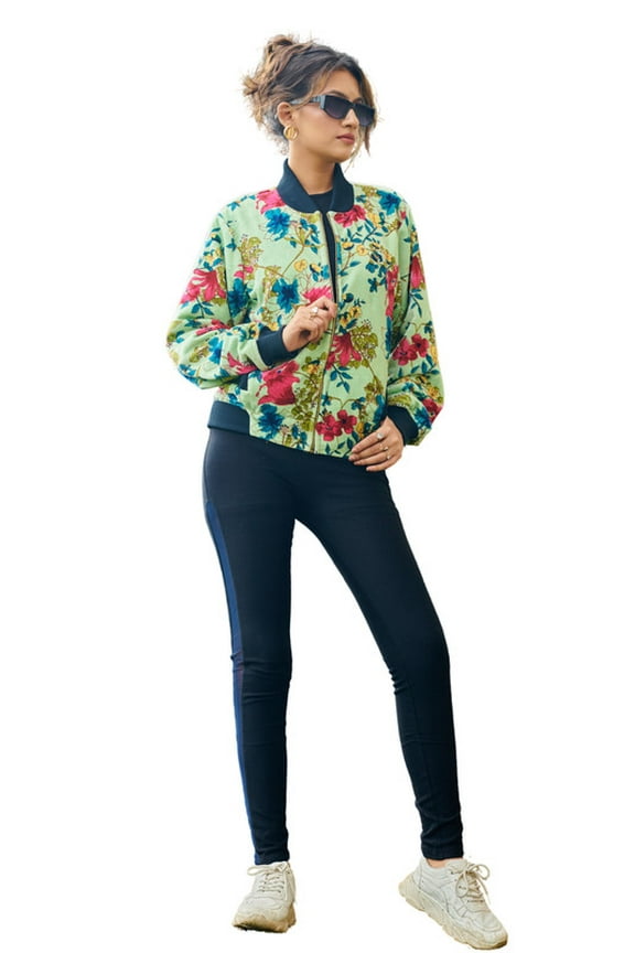 Women's Green Velvet Floral Bomber Jacket Luxurious and Stylish Outerwear for Every Season