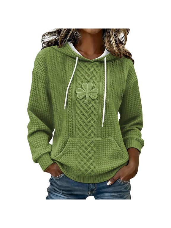 Women’s Green Waffle Knit St. Patrick’s Day Hoodie, Shamrock Graphic Pullover, Clover Print Long Sleeve Sweatshirt with Hood and Pocket