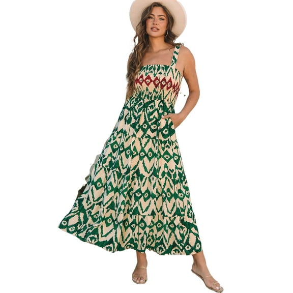 Women's Green Western Aztec Shirred Sleeveless Maxi Dress - Trendy Boho Style - [ZhiHiMeRi] | (US 12-14)L