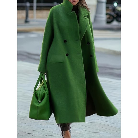 Women's Green Wool-Blend Double-Breasted Oversized Long Coat Chic Winter Outerwear