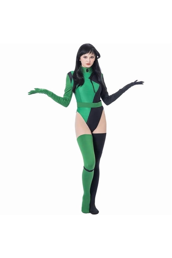 Women's Green and Black Dark Style Bodysuit Outfit with Gloves and Stockings