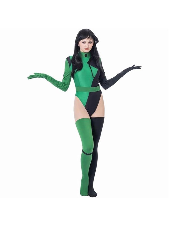Women's Green and Black Dark Style Bodysuit Outfit with Gloves and Stockings