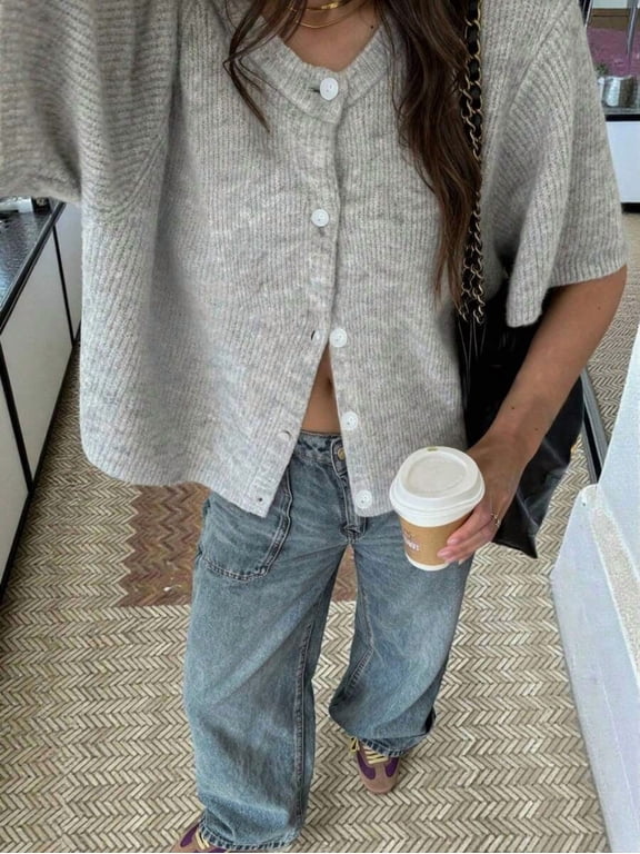 Women's Grey Knit Cardigan Short Sleeve Button Down Crew Neck Top