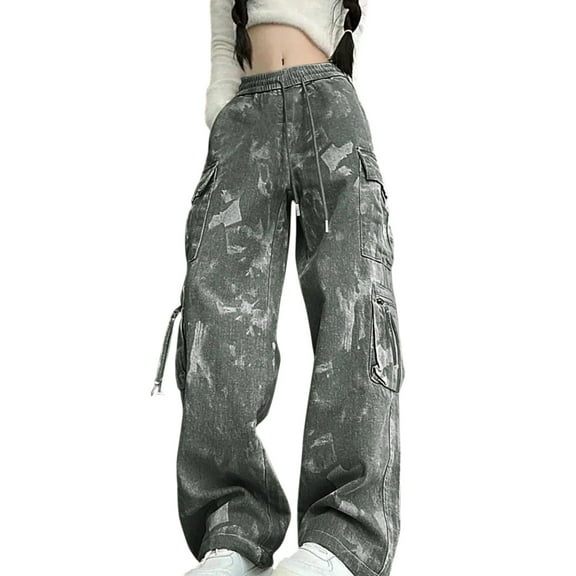Women’s Grey High‑Waisted Wide‑Leg Work Pants – Loose Fit, Elastic Drawstring, Y2K Street Joggers, Plus Sizes