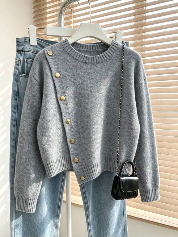 Women's Grey Rib Knit Long Sleeve Asymmetrical Sweater