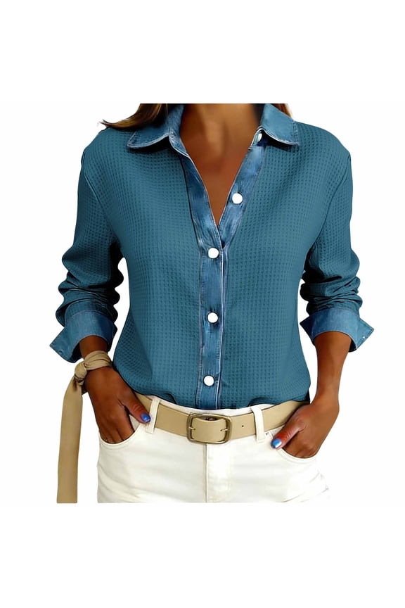 Women's Grid Pattern Knit Button Down Top, Solid Color Long Sleeve Casual Lapel Blouse, Loose Fit Lightweight Button Front Shirt