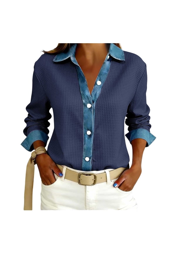 Women's Grid Pattern Knit Button Down Top, Solid Color Long Sleeve Casual Lapel Blouse, Loose Fit Lightweight Button Front Shirt
