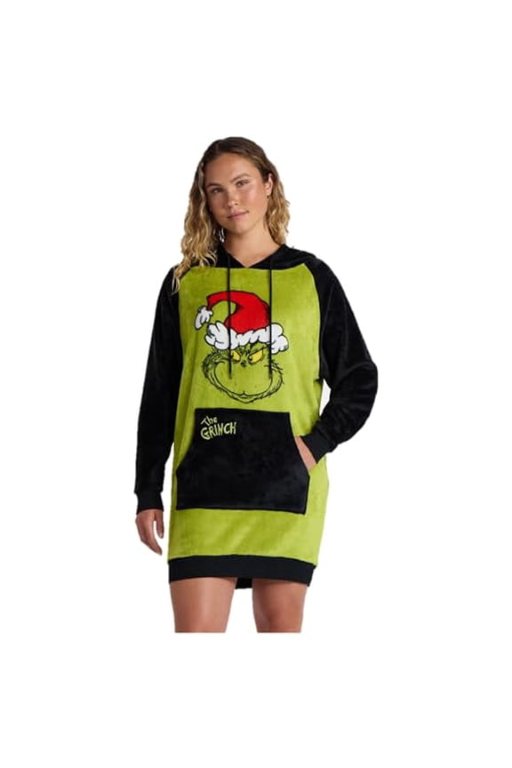 Women's Grinch Christmas Plush Lounge Dress with Hood, Medium