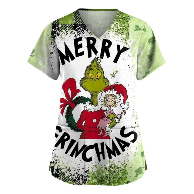 Women's Grinch Happiness Scrub Top, Womens Medical Nursing Ombre Uniform Grinch Printed Scrub Tops with Two Pockets Plus Size