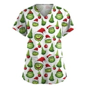 KYGABAK Women's Grinch Happiness Scrub Top, Womens Medical Nursing Ombre Uniform Grinch Printed Scrub Tops with Two Pockets Plus Size