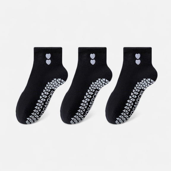 Women's Grip Ankle Socks 3-Pack with Heart Embroidery and Anti-Slip Soles for Yoga and Indoor Use - Black