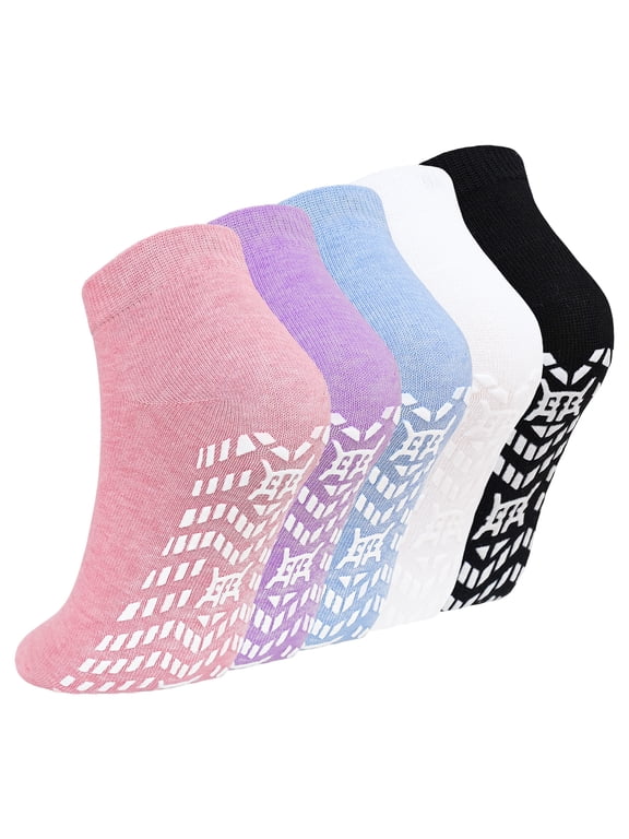Grip Socks for Women, PUTUO Cotton Non Slip Yoga Sock, Breathable Seamless Gripper Socks for Athletic Pilates Ballet Workout Hospital, 5 Pairs