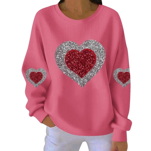 Women's Grooved Rib Valentine Sweater - Textured Heart Print Knit Pullover, Casual Long Sleeve Crewneck Top, 2026 Romantic Loose Fit Gift Wear