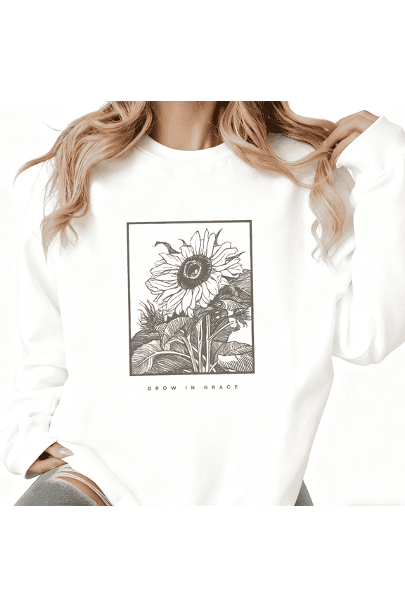 Women's "Grow in Grace" Sunflower Breathable Sweatshirt Casual Faith-Focused Floral Round-neck long-sleeved white S-3XL