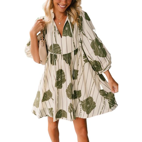 Women's Guacamole Green Floral Striped Puff Sleeve Dress with Contrast Piping | [ZhiHiMeRi] | (US 12-14)L