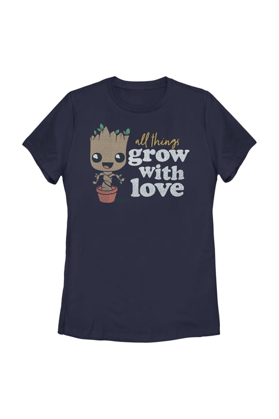 Women's Guardians of the Galaxy Groot All Things Grow with Love  Graphic Tee Navy Blue Medium