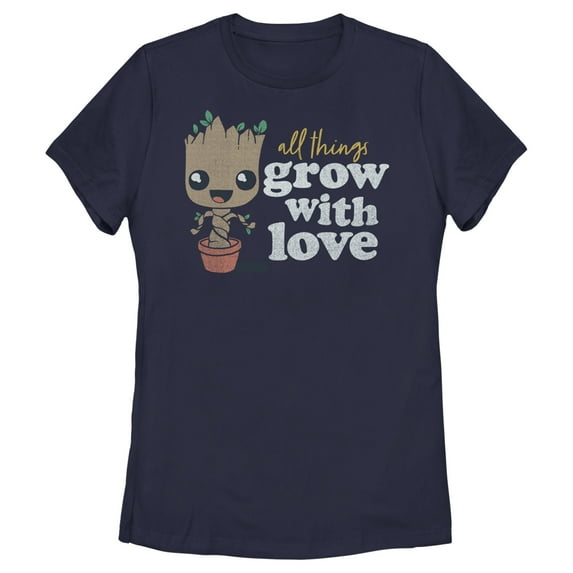 Women's Guardians of the Galaxy Groot All Things Grow with Love Graphic Tee Navy Blue Medium