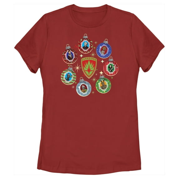 Women's Guardians of the Galaxy Holiday Special Character Ornaments Graphic Tee Red Small