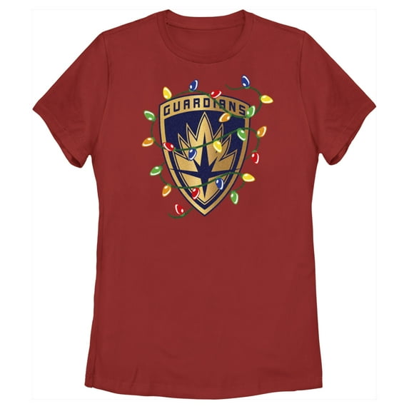 Women's Guardians of the Galaxy Holiday Special Christmas Lights Badge Graphic Tee Red Medium