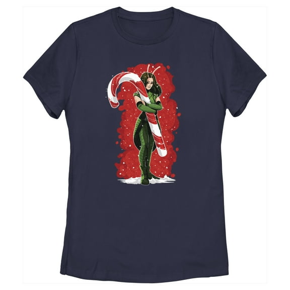 Women's Guardians of the Galaxy Holiday Special Mantis Candy Cane Hug  Graphic Tee Navy Blue Medium