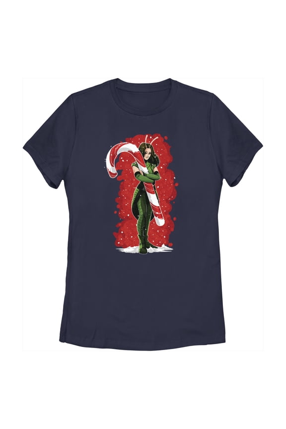 Women's Guardians of the Galaxy Holiday Special Mantis Candy Cane Hug Graphic Tee Navy Blue Small