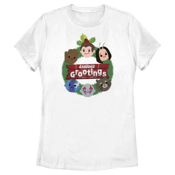 Women's Guardians of the Galaxy Holiday Special Season's Grootings Cute Characters  Graphic Tee White X Large