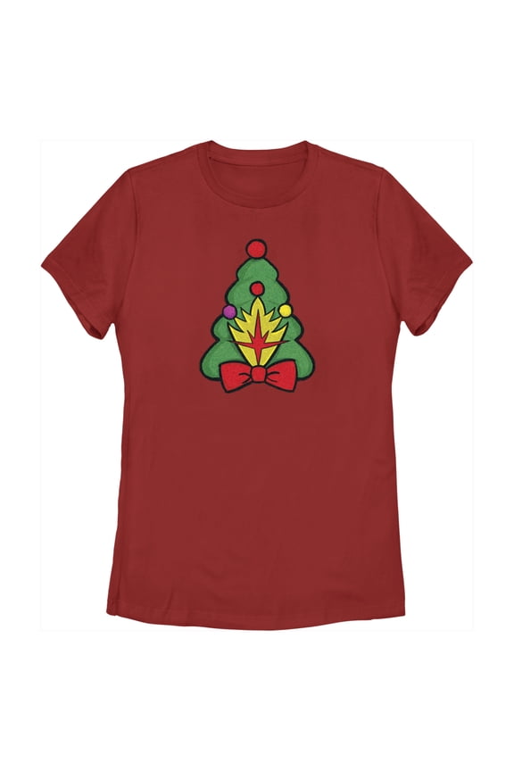 Women's Guardians of the Galaxy Holiday Special Shield Christmas Tree Graphic Tee Red Small