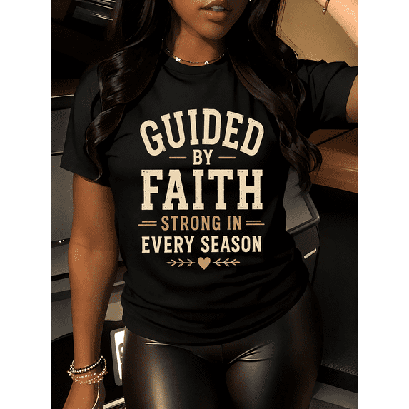 Women's Guided By Faith Strong In Every Season Inspirational Christian Graphic T-Shirt, Vintage Faith-Based Casual Short Sleeve Tee