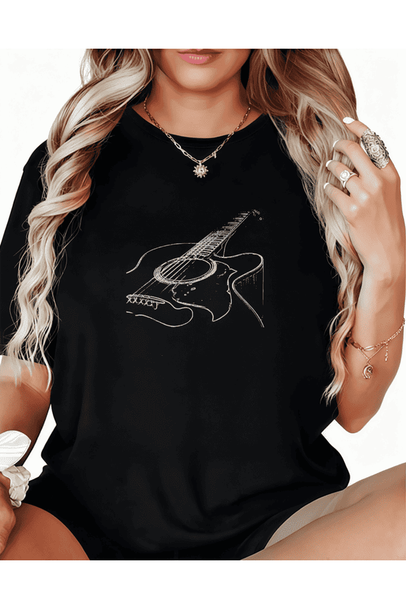 Women's Guitar Sketch Breathable Tee Casual Top Musician Graphic Short Sleeve Round Neck Black S-5XL