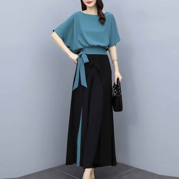 Women's Gym Sets 2 Piece Elegant Office Outfit for Women Batwing Sleeve Blouse Wide Leg Culottes Pants Set Blue XL