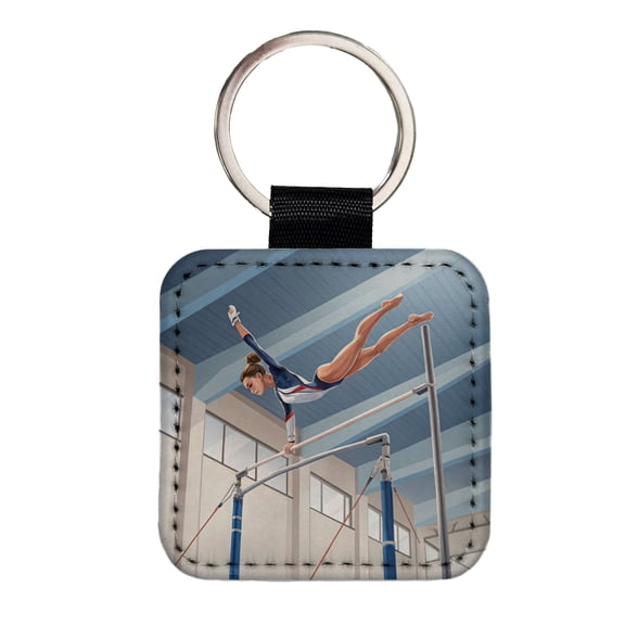 Women's Gymnastics Uneven Bars Faux Leather Square Keychain
