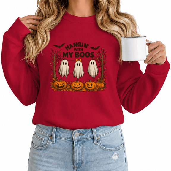 Women's HANGIN' WITH MY BOOS Halloween Graphic Sweatshirt Playful Seasonal Long Sleeve Crewneck Pullover