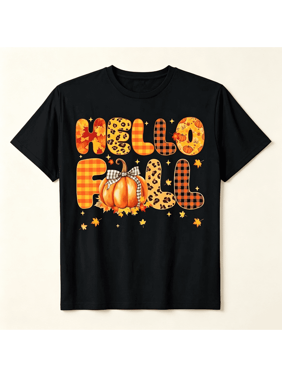 Women’s “HELLO FALL” Pumpkin Leopard Plaid Graphic Short‑Sleeve T‑Shirt, Soft Breathable Crew Neck Autumn Halloween Thanksgiving Casual Top