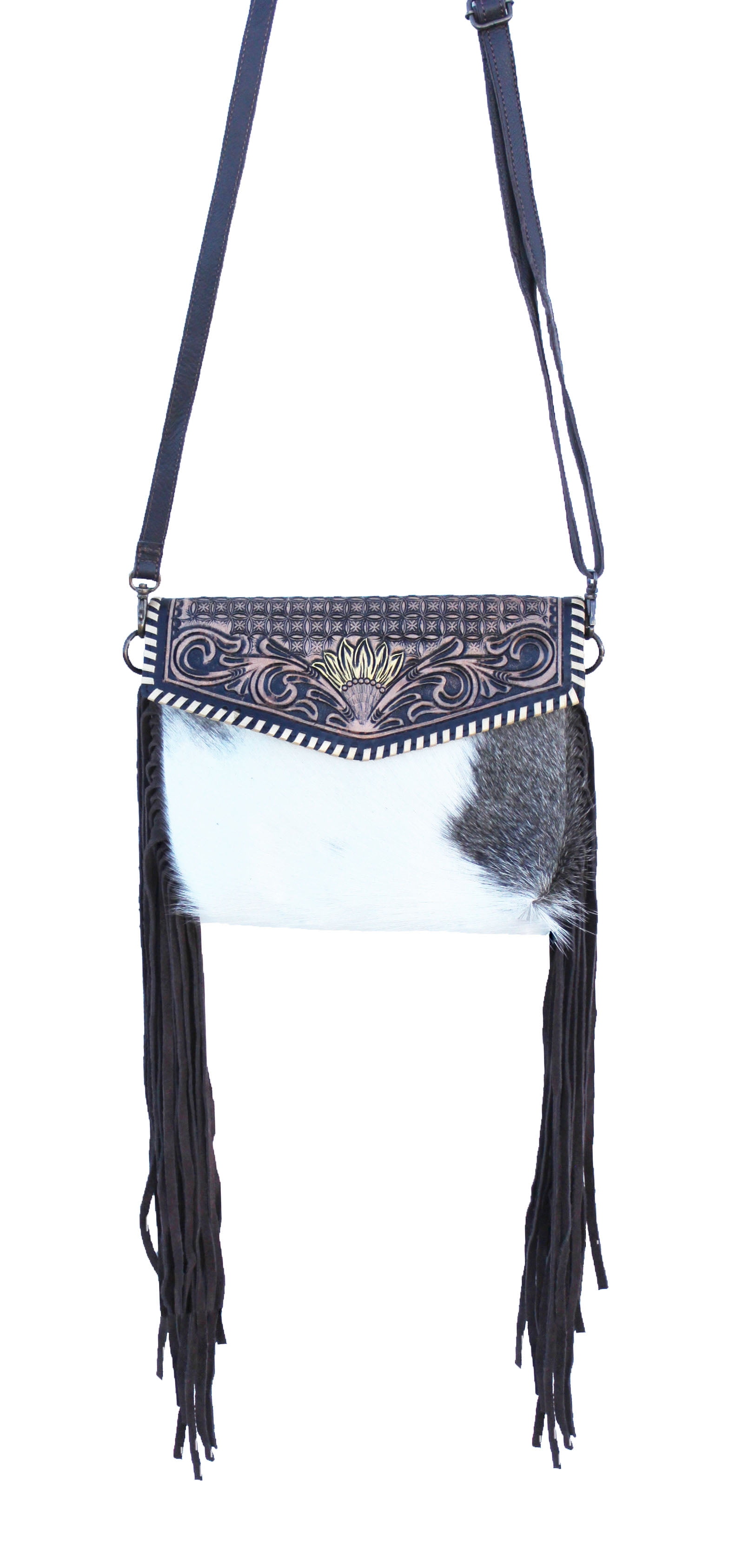 Brown and shops White Genuine Hairon Cowhide and Tooled Leather Western Crossbody Purse Bag with Fringe