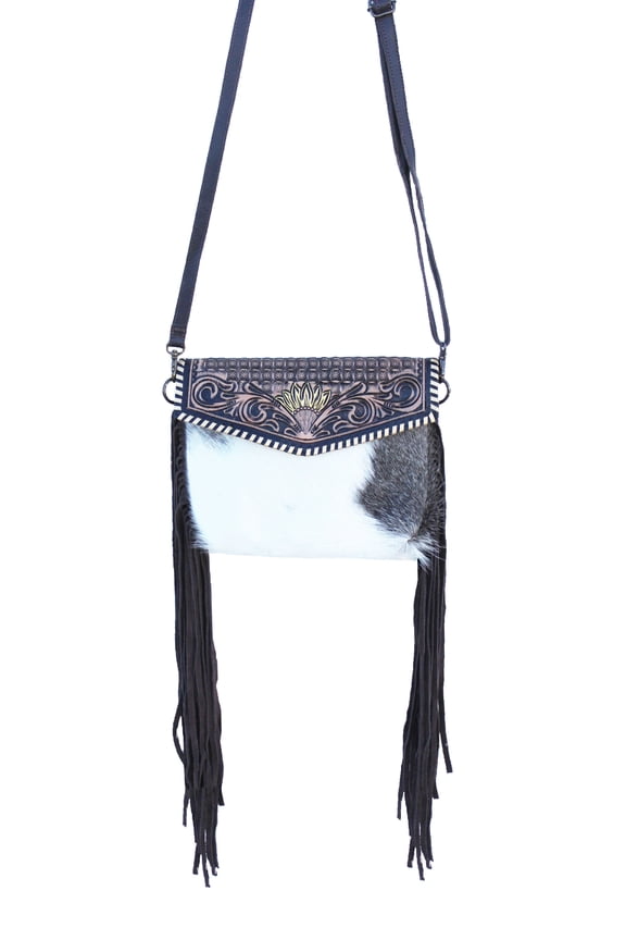 Women's Hair-On Western Rodeo Fashion Cowhide Genuine Leather Sunflower Tooled Shoulder Bag Purse w/ Fringe 27FK78