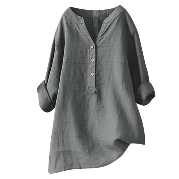 Women's Half Button Cotton Linen Shirts 3/4 Cuffed Sleeve Collared Shirt Blouse Loose Casual V-Neck Tops for Beach