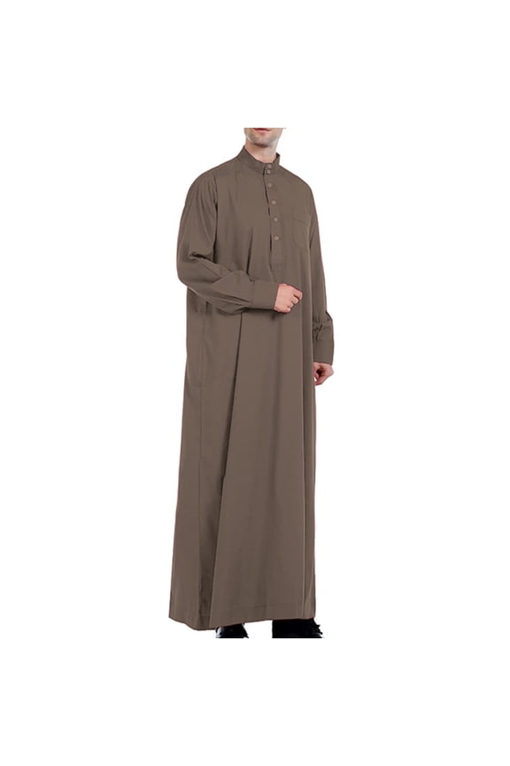 Women's Half Button Down Thobe Lightweight Breathable Arabic Dishdasha Stand Collar Arab Thobe with Pockets Brown S