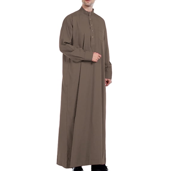 Women's Half Button Down Thobe Lightweight Breathable Arabic Dishdasha Stand Collar Arab Thobe with Pockets Brown S