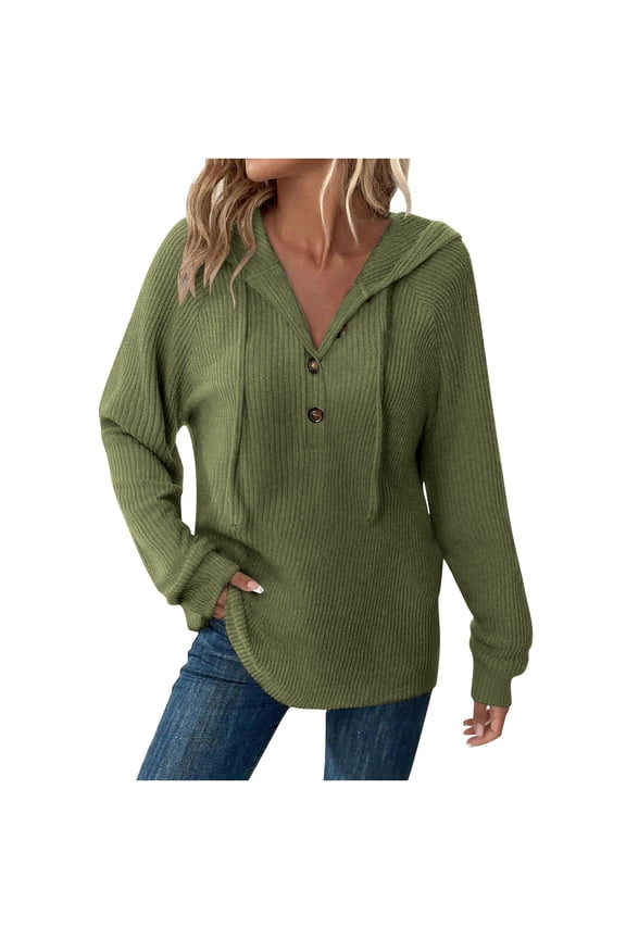 Women's Half Button Sweater Deep V Neck Pullover Fleece Softshell Knit Sweatshirts Casual Drawstring Loungewear Autumn Winter Hoodies Loose Warm Tops