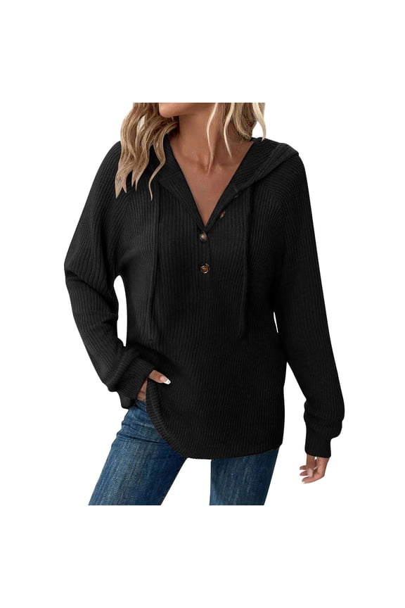 Women's Half Button Sweater Deep V Neck Pullover Fleece Softshell Knit Sweatshirts Casual Drawstring Loungewear Autumn Winter Hoodies Loose Warm Tops