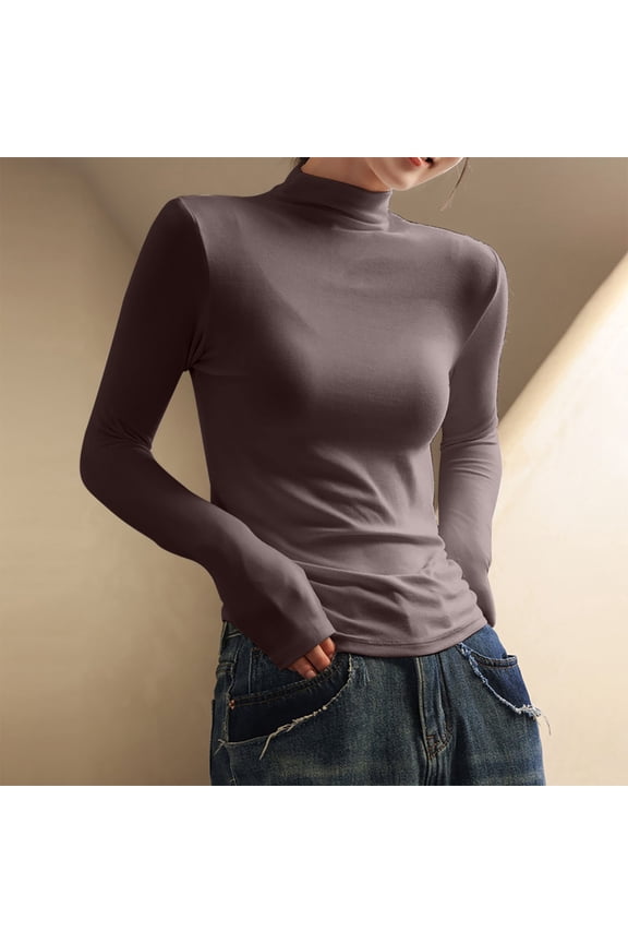 Women's Half-High Collar Bottom Shirts Fall Winter Long Sleeve Basic Seamless T-Shirt Top Slim Fit Soft Base Layer Blouses Undershirts Tops Coffee M