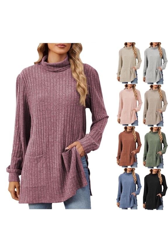 Women's Half High Neck Long Sleeve Loose Fit Split Hem Top Shirt Blouse Casual Daily Wear Vacation Travel Fashion Essential Gift for Women | CSEONE,Pink L