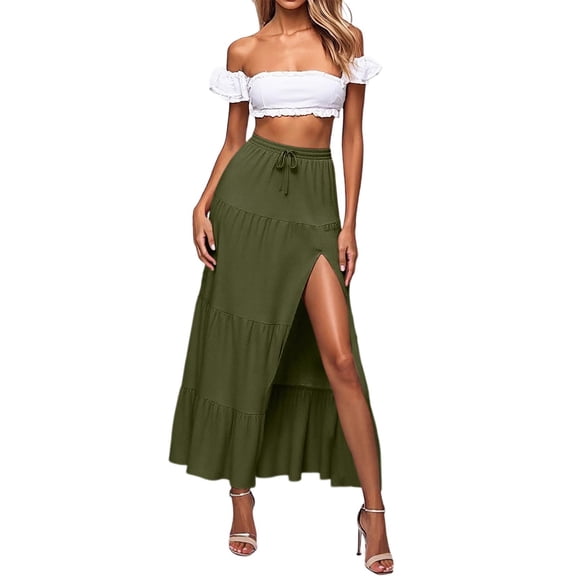 Women's Half Length Pleated Skirt Retro Elastic Waist Linen Hem Long Skirt