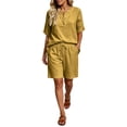 thumbnail image 1 of Women's Half Placket V Neck 3/4 Sleeve Top Drawstring Pocket Bermuda Shorts 2 Piece Outfit, Solid Summer Beach Casual Matching Set Yellow XXXXXL(XXXXXL), 1 of 7