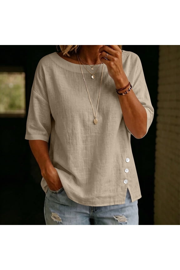 Women's Half Sleeve Blouse, Spring Summer Loose V-Neck Pullover, Lightweight Linen Top for Casual Daily or Vacation, 2026 New Limited-time Offer