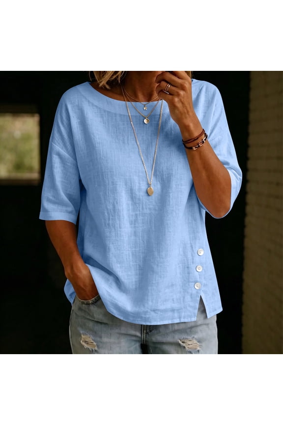 Women's Half Sleeve Blouse, Spring Summer Loose V-Neck Pullover, Lightweight Linen Top for Casual Daily or Vacation, 2026 New Limited-time Offer
